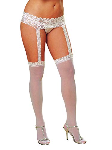 Dreamgirl Women's Sheer Thigh High Pantyhose Hosiery Nylons Stockings with Comfort Lace Top Anti-Slip Silicone Elastic Band, White, One Size Plus/Queen
