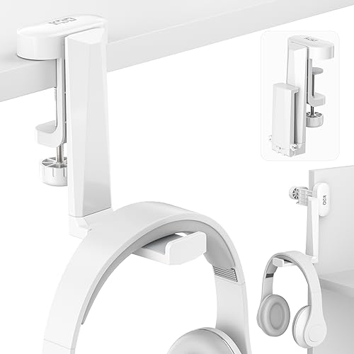 KDD Headphone Hanger - Foldable Under Desk Headset Stand - Rotatable Headphone Hook Mount Gaming Headphone Clamp Hook, Universal Fit, Built in Cable Clip Organizer(White)