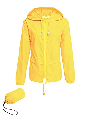 Hount Womens Waterproof Lightweight Rain Jackets Packable Hooded Raincoats Full Zipper (Yellow, M)