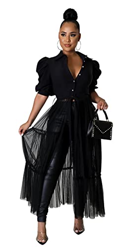 Ekaliy Women's Short Sleeve Round Neck High Low Asymmetrical Irregular Hem Casual Tops Blouse Shirt Dress L Black