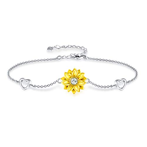 SNZM Bracelets for Women-Christmas Gifts, 925 Sterling Silver Sunflower Bracelet Chain Adjustable Heart Charm Link Birthday Christmas Sunflower Jewelry Gifts for Women/Daughter/Girlfriend