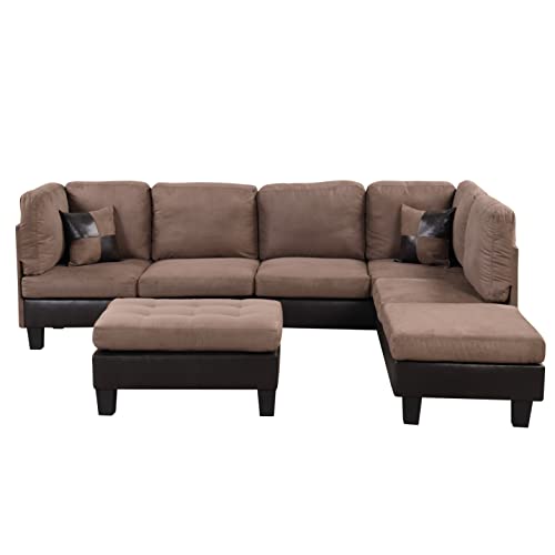 Casa Andrea Milano Modern 3 Piece Microfiber and Faux Leather L Shaped Sectional Sofa with Reversible Chaise & Ottoman, Large, Brown