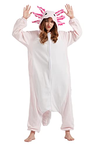 DELEY Unisex Axolotl Onesie, Adult Animal Cosplay Costume Plush Homewear Sleepwear Jumpsuit Pink Axolotl Pajamas