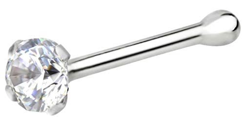 Forbidden Body Jewelry FBJ 14k White Gold Nose Ring, 22g, Solid 7mm Micro Stud, 2mm CZ Simulated Diamond, Non-Irritating Skin Safe Real Gold, Women/Men (Sold Individually)