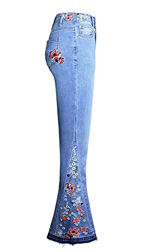 PAODIKUAI Women's Mid Rise Floral Embroidered Shaping Skinny Jeans with Pockets (Flare-Light Blue 1#, Small)