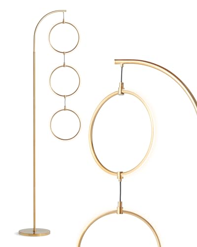 Brightech Nova Modern Floor Lamp Matches Living Room Décor - Contemporary Arc Tall Lamp with 3-Circle Ring-Style Pendant - Over The Couch Standing on Arching Pole - Eclectic - Gold
