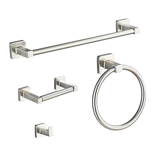 Brushed Nickel Bathroom Hardware Set 4 Pieces,Towel Bar Set Stainless Steel Wall Mounted, Includes 16In Hand Towel Bar, Towel Ring, Robe Towel Hooks,Toilet Paper Holder, Bathroom Towel Rack Set…