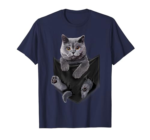 British Grey Cat in Pocket T-Shirt Cats Tee Shirt Gifts