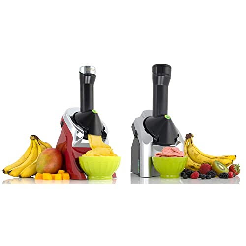 Yonanas 988RD Deluxe Vegan Non-Dairy Frozen Fruit Soft Serve Dessert Maker, Red & 902 Classic Vegan Non-Dairy Frozen Fruit Soft Serve Dessert Maker, BPA Free, Includes 36 Recipes, 200-Watts, Silver
