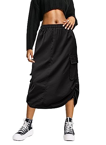 FARORO Y2k Cargo Skirts for Women Midi Trendy Drawstring High Waisted Long Skirt Casual Relaxed Fit Slit Streetwear with Flap Pockets Black