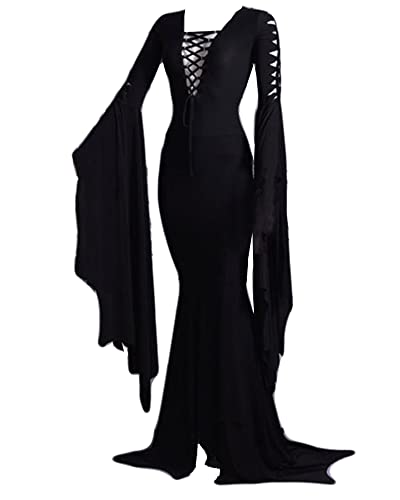 NANAMEEI Women's Floor Dress Costume Witch Sexy Gothic Dress Maxi Party Dress Black M