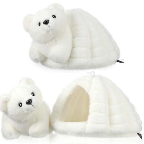 Liliful Polar Bear Plush with Igloo White Stuffed Animal Toy Soft Polar Bear Stuffed Animal Arctic Theme Gifts Decorations Birthday Party Favor, 10.6 x 9.7 x 5.9 Inches