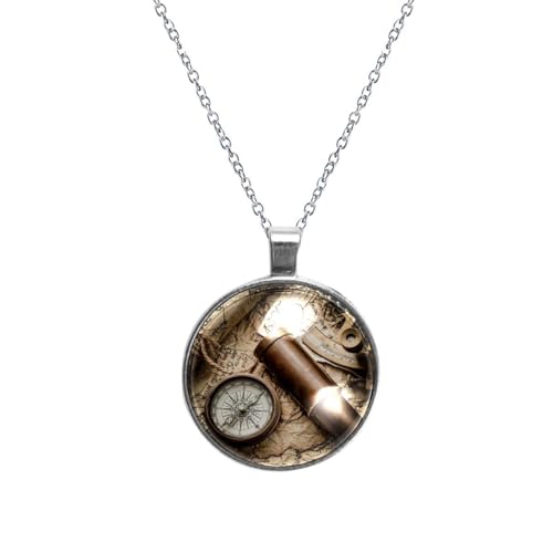 Vintage Still Life with Compass Sextant Spyglass and Old Map Stainless Steel Pendant Necklace Jewelry for Women Men Teen Girls, Silver (with Gift Box)