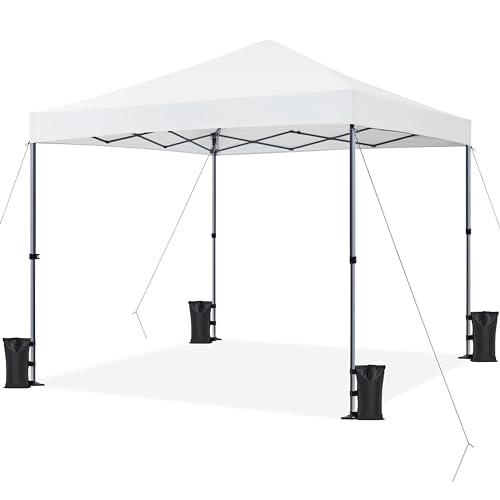 Yaheetech 10x10 1-Person Setup Pop Up Canopy Tent, Instant Portable Commercial Canopy Tent, Outdoor Gazebo with 1-Button Push, Wheeled Bag & 4 Sandbags for Home, Party & Outdoor Activities, White