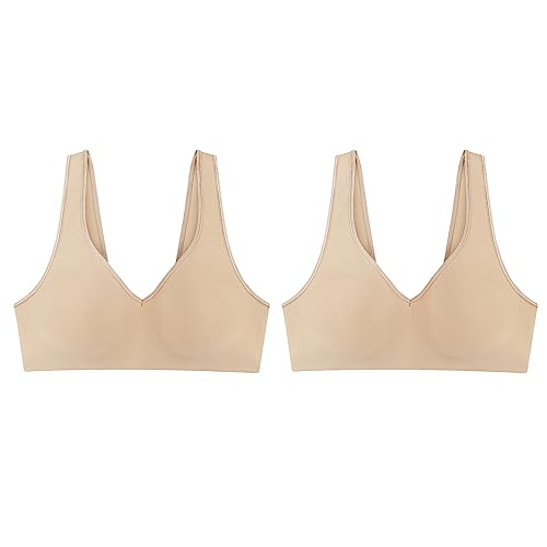 Hanes Women's Smooth Comfort Wireless, Seamless Full-Coverage T-Shirt Bra, Moisture Wicking, Single, Nude/Nude, 2-Pack, Large