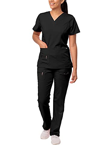 Adar Uniforms Pro Breakthrough Plus Scrub Set for Women, Enhanced V-Neck Top & Multi Pocket Pants, 4400, Black, M