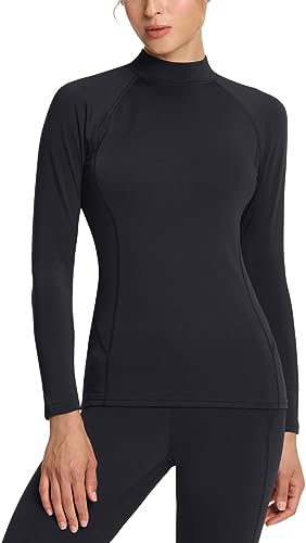 TSLA Women's Thermal Long Sleeve Tops, Mock Turtle & Crew Neck Shirts, Fleece Lined Compression Base Layer, Mock Neck Heatlock Black, Medium