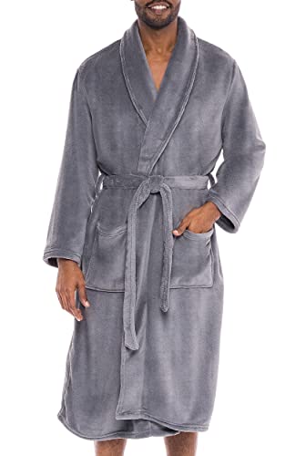 Alexander Del Rossa Men’s Robe, Plush Fleece Bathrobe with Two Large Front Pockets and Tie Closure, Steel Gray, Small Medium