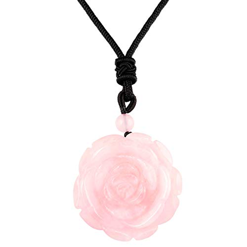 Rockcloud Hand Carved Rose Quartz Rose Flower Crystal Stone Pendant Necklace for Women