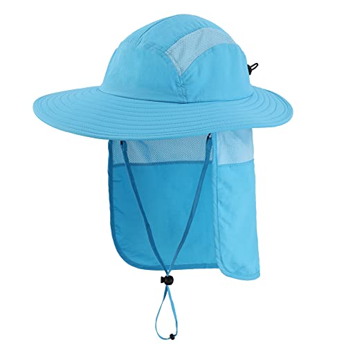 Home Prefer Mens UPF 50+ Sun Protection Cap Wide Brim Fishing Hat with Neck Flap (Aqua Blue)