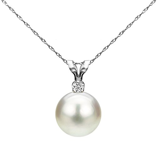 14K White Gold 1/10 CTTW Diamond White Akoya Cultured Pearl Pendant Necklace 8-8.5mm 18 inches