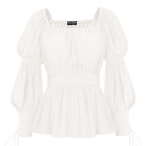Renaissance Shirt for Women Long Sleeve Peplum Blouse Dressy Casual White L