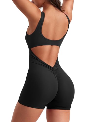 YEOREO One Piece Workout Jumpsuits for Women Backless Tummy Control Sleeveless Jumpsuits Lizvette V Back Scrunch Yoga Romper Black L