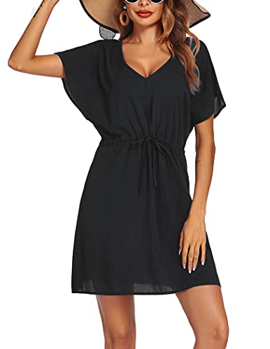 Ekouaer Womens Apparel, Short Sleeve Beachwear Coverups, Loose V-Neck Bikini Beach Tunic Top, Black, X-Large