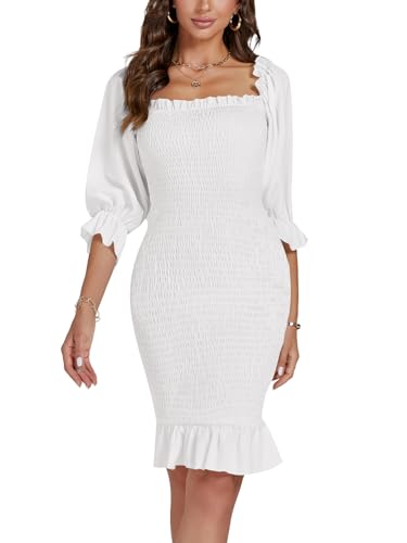 LYANER Women's Frill Shirred Ruffle Hem Square Neck Smocked Long Sleeve Fishtail Cocktail Bodycon Short Dress White Medium