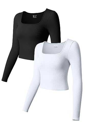 OQQ Women's 2 Piece Crop Shirt Long Sleeve Square Neck Underscrubs Stretch Fitted Layer, Black,white, Medium