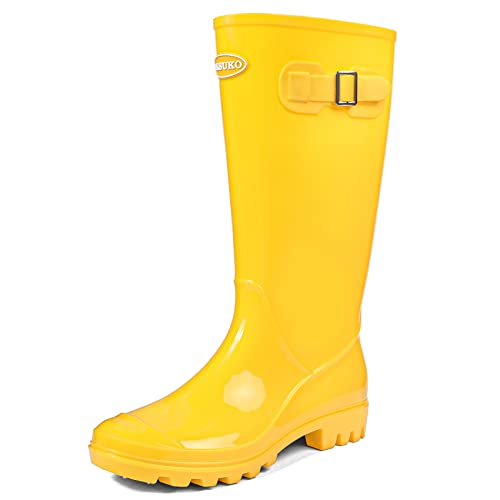 DKSUKO Women's Tall Rain Boots Waterproof Wellington Boots(8 B(M) US,Bright Yellow)