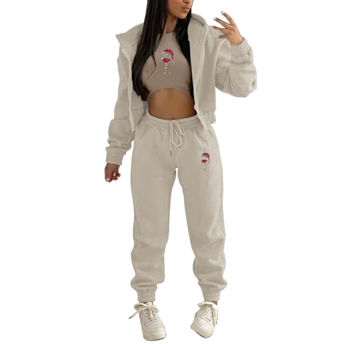 Women's Christmas Hoodie Set Wine Glass Print Zip Hoodie Sporty Long Sleeve 3 Piece Set Autumn Winter Soft Relax Warm Comfortable Sports Outfit Christmas Pyjamas Set For Couple