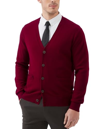 Kallspin Men's Cardigan Sweaters Wool Blend V Neck Button Down Sweaters with Pockets(Burgundy Red, Medium)