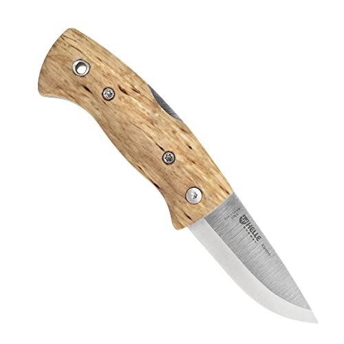 HELLE Knives - Kletten - Small EDC Pocket Knife - Curly Birch Wood Handle Folding Knife, Scandi Grind