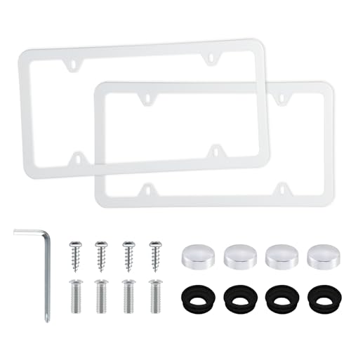 LivTee 4 Holes Stainless Steel License Plate Frames, 2 PCS Car Licence Plate Covers, Automotive Exterior Accessories Slim Design with Bolts Washer Caps for US Vehicles, White