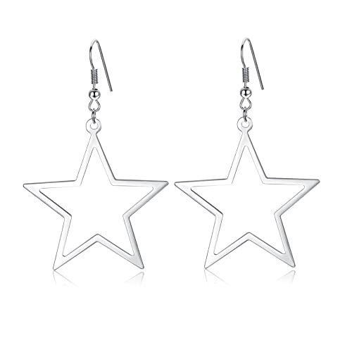 Simple Star Earrings for Women, Hollow Star Dangle Drop Earrings (Silver)