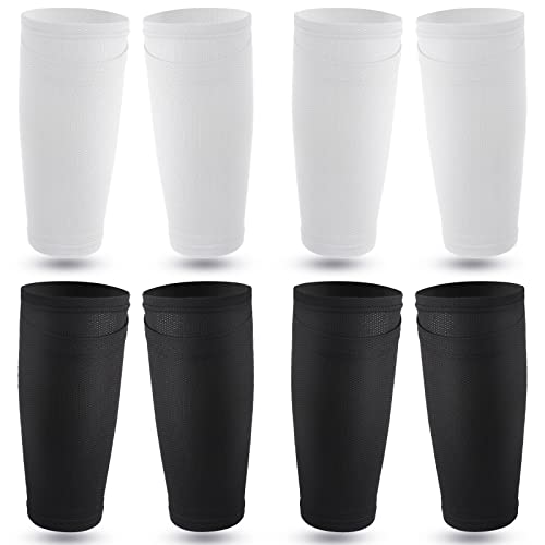 Hicarer Soccer Shin Guards Sleeves 4 Pairs Flexible Soccer Shin Guard Leg Performance Support Polyester Shin Guard Sleeve Holder with Pocket for Soccer Sport (White, Black,L)