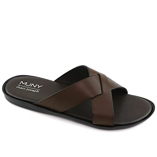 Marc Joseph New York Mens Casual Comfortable Lightweight Fashion Genuine Leather Slip on Criss Cross Slide Indoor and Outdoor Open Sandal Anti Slip Cushion Support Slipper Brown Napa 9