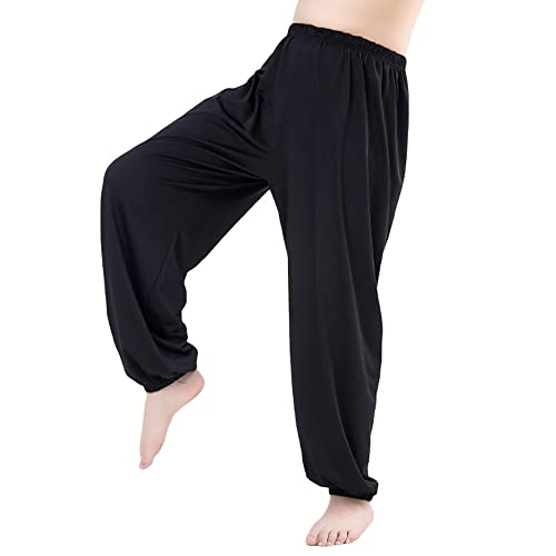Libaobaoyo Kids Unisex Kung Fu Wide Pants Stretchy Elastic Waist Taichi Martial Arts Practice Trousers for Boys Girls Black
