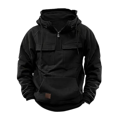 Blczomt Monday Cyber Deals 2023 Mens Military Sweatshirts Vintage Quarter Zip Workout Winter Jacket Multi Pocket Drawstring Cargo Pullover Hoodies Sweatshirts for Men