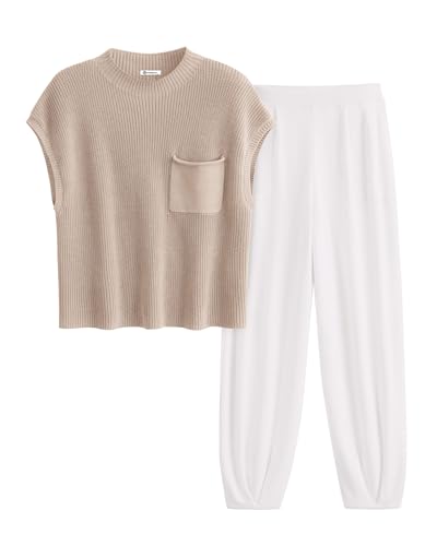 PRETTYGARDEN Women's 2 Piece Outfits Sweater Sets Knit Pullover Tops And High Waisted Pants Matching Tracksuit Sweatsuit Set (Khaki Beige White,Medium)