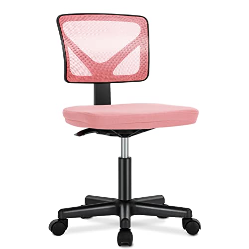 Desk Chair - Armless Mesh Office Chair, Ergonomic Computer Desk Chair, No Armrest Small Mid Back Executive Task Chair with Lumbar Support and Swivel Rolling for Small Spaces, Pink