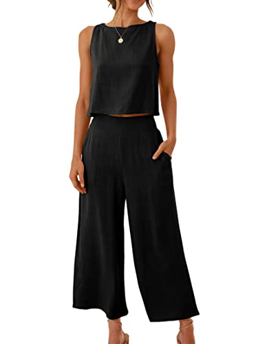 ANRABESS Women's Summer 2 Piece Outfits Sleeveless Crop Top Capri Wide Leg Pants Jumpsuit Casual Linen Lounge Matching Sets Beach Travel 2024 Trendy Clothes Black Medium