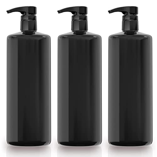 Bar5F Black Pump Bottles for Shampoo Conditioner Body Wash 33.8-Ounce 1-Liter Gloss Finish PETE1 Plastic Heavy-Duty 3-Pack