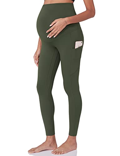 POSHDIVAH Women's Maternity Workout Leggings Over The Belly Pregnancy Yoga Pants with Pockets Soft Active Wear Work Pants Green Medium