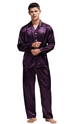 TONY & CANDICE Men's Classic Satin Pajama Set Sleepwear (Purple with Black Piping, X-Large)