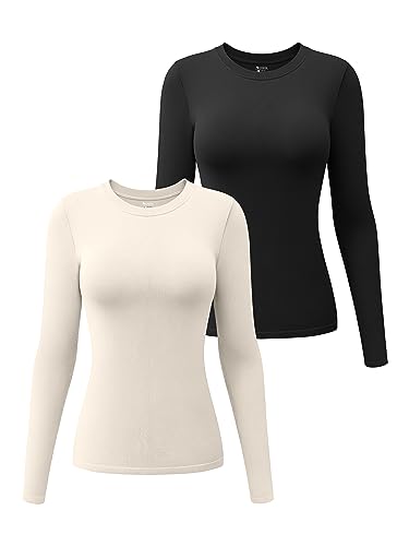 OQQ Womens 2 Piece Long Sleeve Tops Crew Neck Stretch Fitted Underscrubs Layer Tee Shirts Black Beige