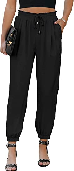 Dokotoo Linen Pants for Women Joggers for Women Work Teacher Pajama Pants Baggy 2023 Summer Elastic Satin Womens Dress Pants Black Small