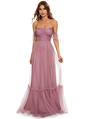 Ever-Pretty Women's Formal Dress Sweetheart Off-Shoulder Ruched Tulle Maxi Bridesmaid Dresses Orchid US6