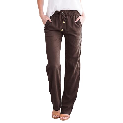 Women'S Linen Pants,Lightning Deals of Today,Womens Casual Cotton Linen Pants Lightweight Summer Relax Fit Elastic Waist Straight Leg Plus Size Solid Lounge Long Trousers 3-Brown X-Large